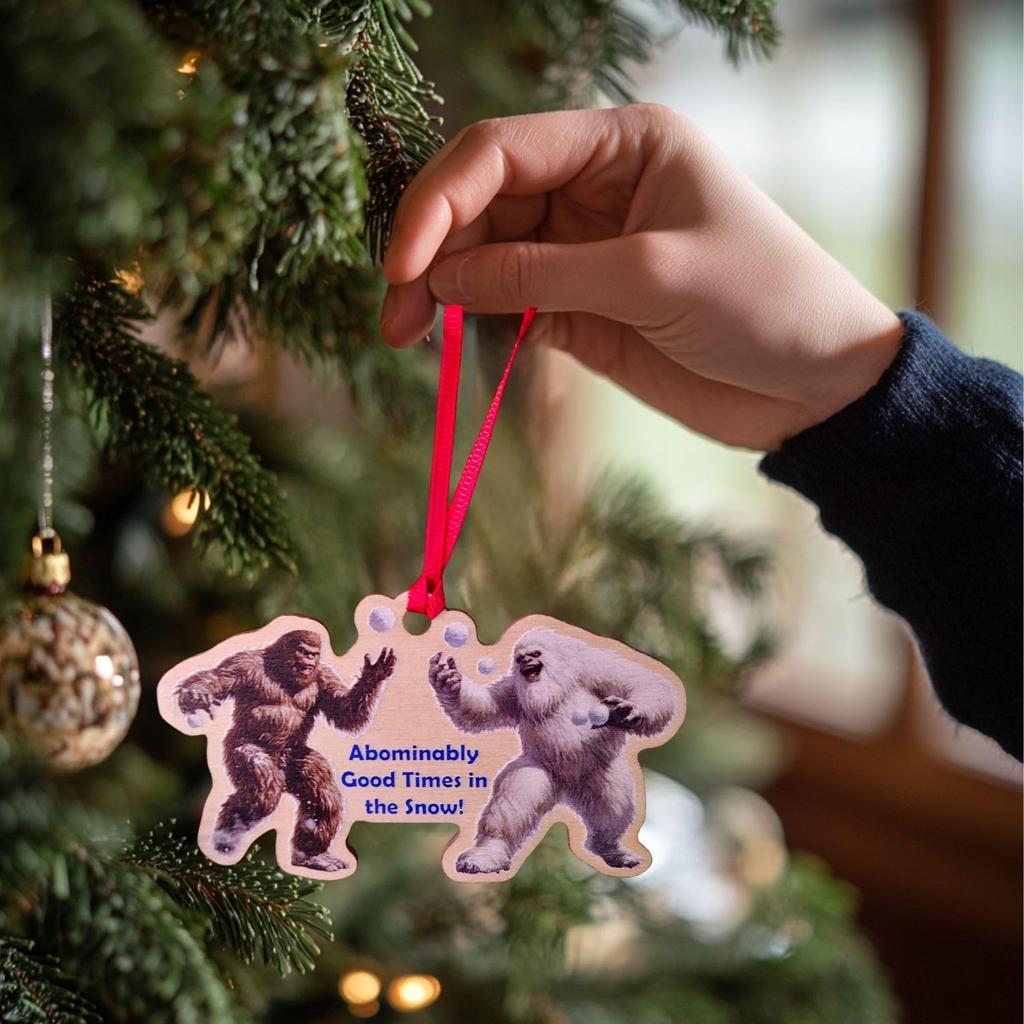 Bigfoot & Yeti Snowball Fight Ornament – Birch Wood Holiday Decoration – Fun Cryptid