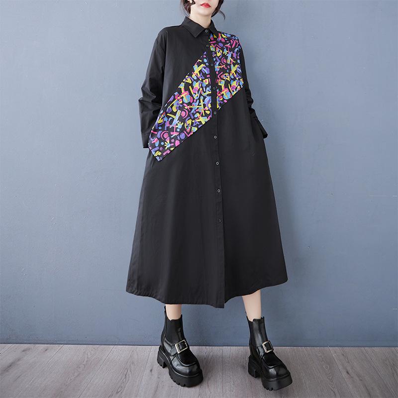 

2026 Spring Plus Size Printed Patchwork Long Sleeve Casual Dress Plus Size One Size фіолетовий