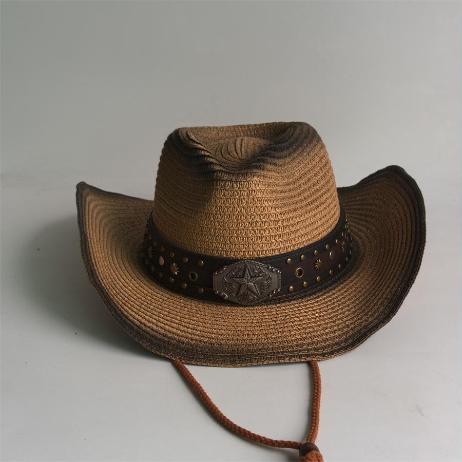 Western Cowboy Straw Hat For Men Women Vintage Outlaw Cowgirl Sun Sombrero Hat With Metal Star Emblem Band Beach Summer Caps