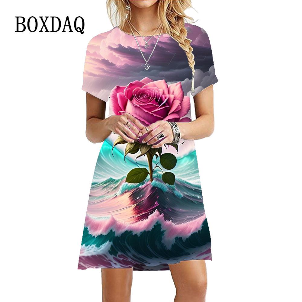 Summer Rose Flower Print Dress Women Fashion Elegant Loose Dresses Casual Short Sleeve O-Neck Party S