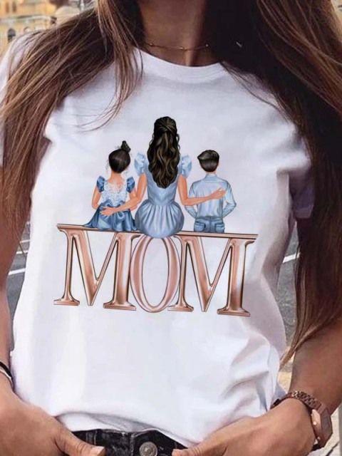 Women T Shirt Cartoon Mom Daughter Son Print Lady Tshirts Short Sleeve Tops Womens Kawaii Graphic Female Tshirt Clothe