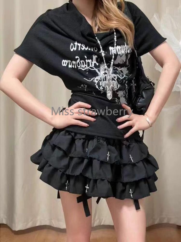 Letní gotická slim černá trička s potiskem dámská hot girl Y2k nová trička s krátkým rukávem dámská high street retro estetické oblečení
