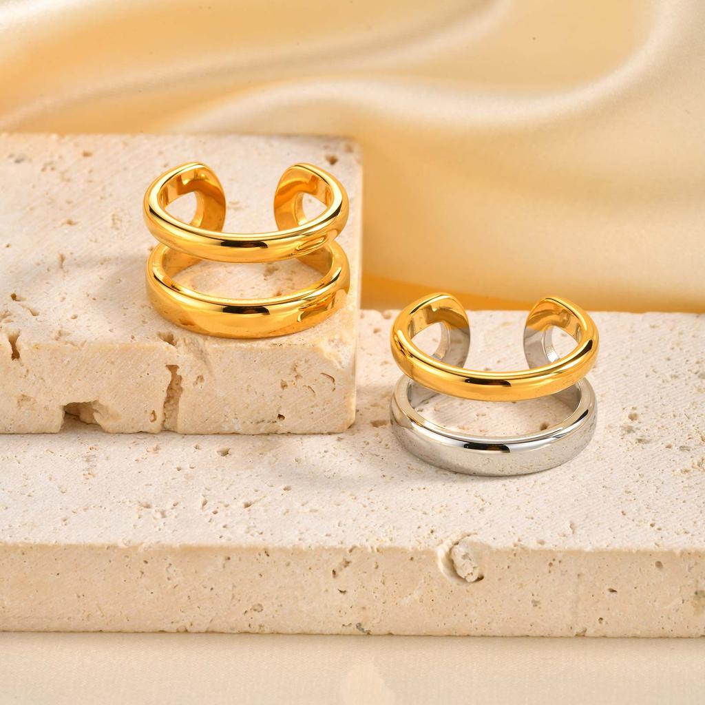 Highly Polished Double-layer Geometric Open Ring for Women,Gold Plated Stainless Steel Rings,Punk Wedding Ring Jewelry Gift