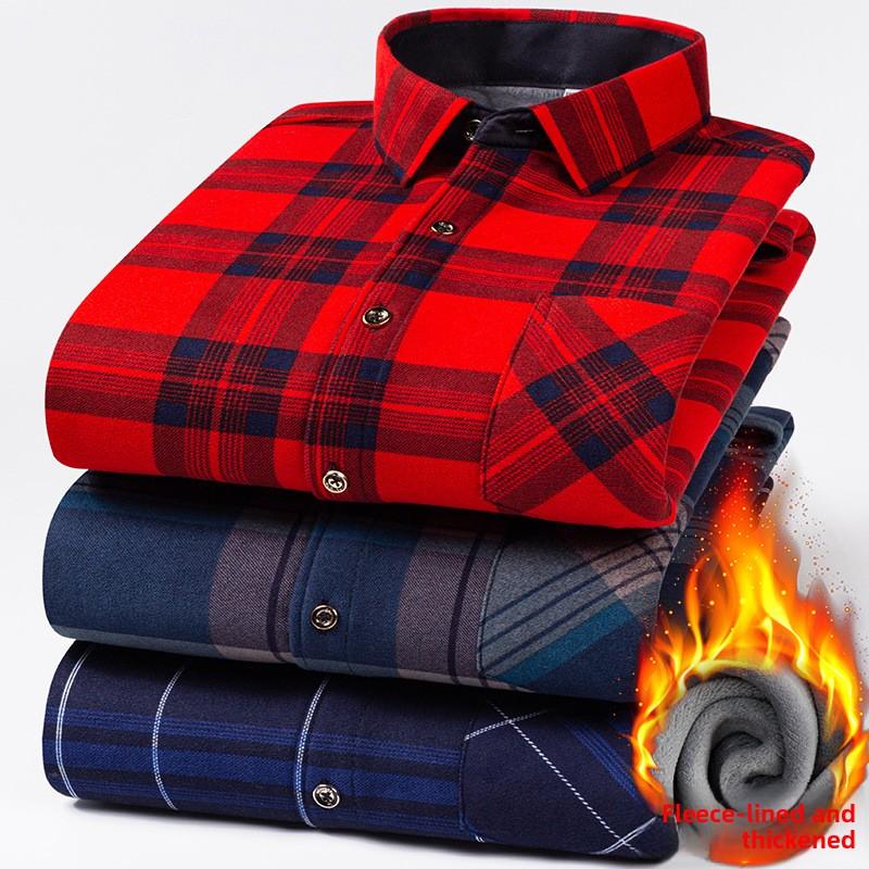 Plus Size Men's Thermal Shirt Men's Winter Fleece-Lined Thickened Checkered Long-Sleeved Shirt