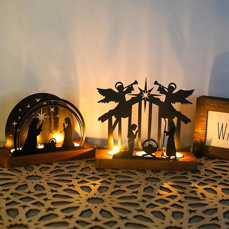 Christmas Candle Holder Metal Nativity Scene Candlesticks Decorative Candle Stand Holiday Candle Holder With Wood Base For