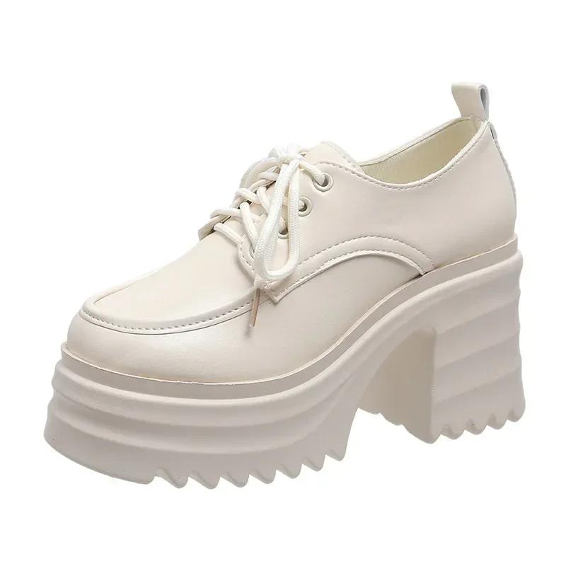 Women's Thick Heeled Lace Up High-heeled Leather Shoes 2024 Spring and Autumn New Fashion British Style Mary Jane Shoes