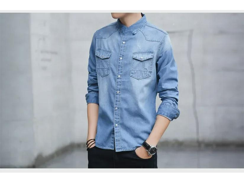 Korejská džínová košile slim fit pro muže, ideální pro jarní a podzimní sezónu