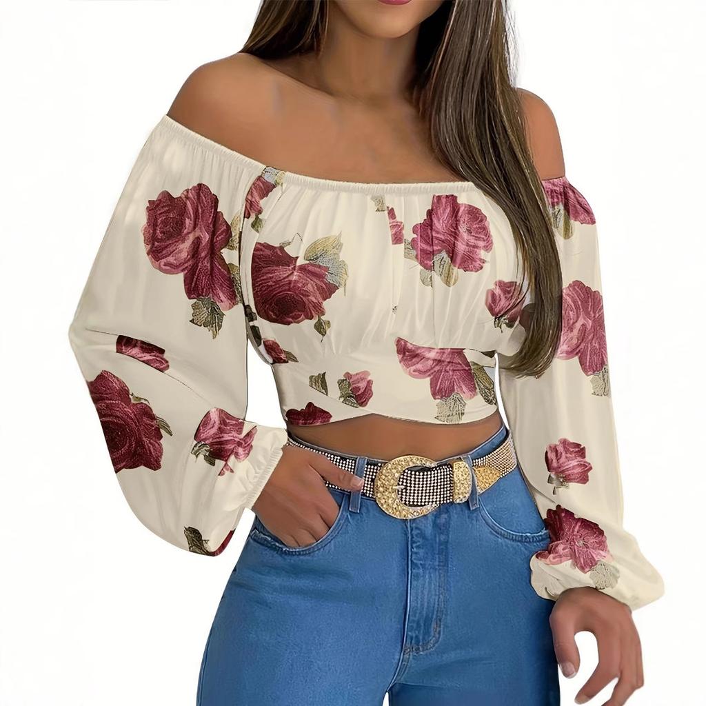 Spring and autumn new European and American women's clothing popular printing long-sleeved off-the-shoulder one-word collar lantern sleeve top
