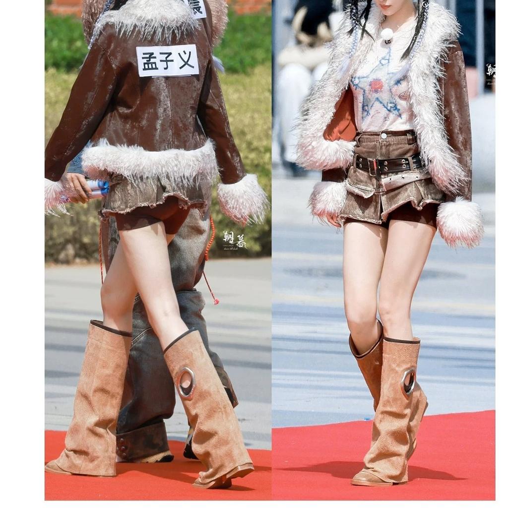 Fashion Brand Fashion 2025 New Autumn And Winter Round Head Long Boots Leather Shoes Metal Knight Boots Fold Flat Boots Punk Style