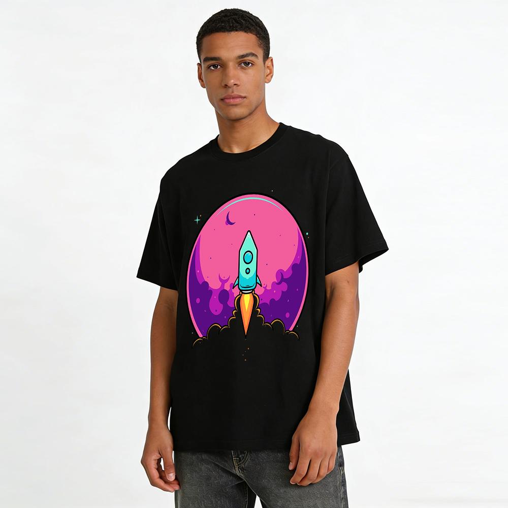 Vintage Weltraumrakete Aufdruck T-Shirt Cooles Lässiges Unisex Oberteil Reines Baumwoll-T-Shirt