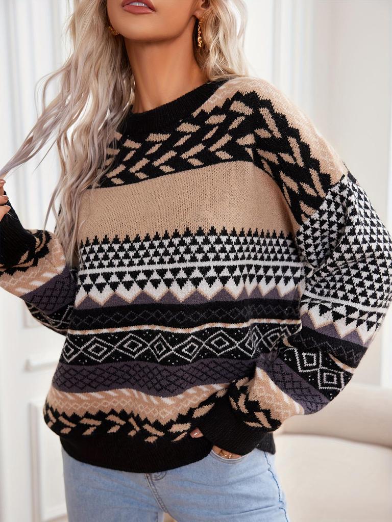Women's Retro Argyle Color Block Pullover - Warm, Soft, Long Sleeve Crew Neck Sweater for Autumn/Winter