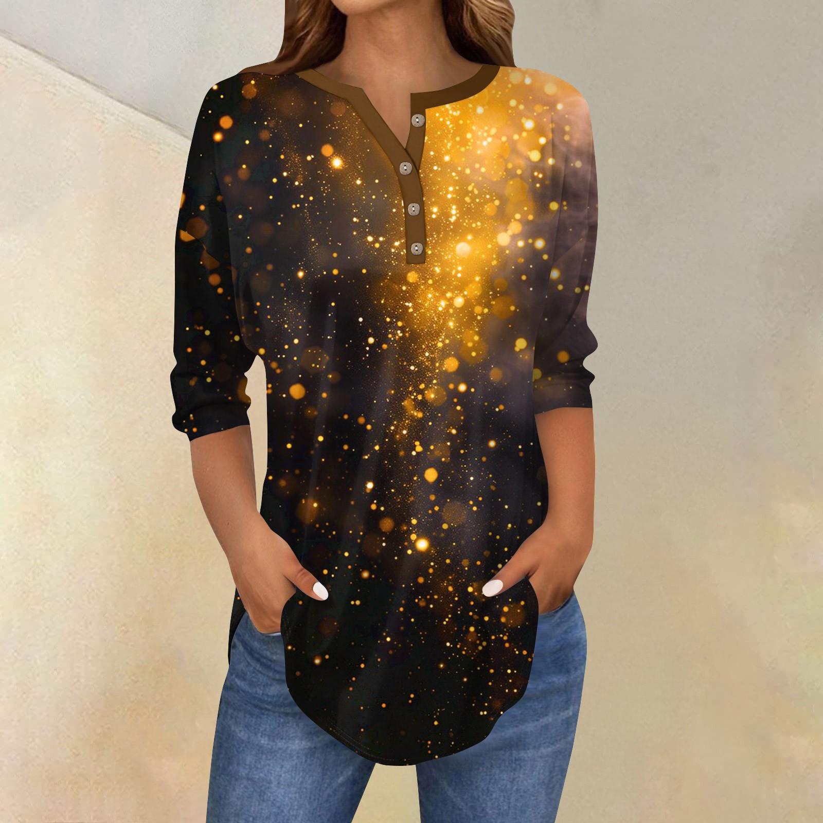 

Женский повседневный топ с рукавами 3/4 и принтом пайеток на пуговицах M золотой