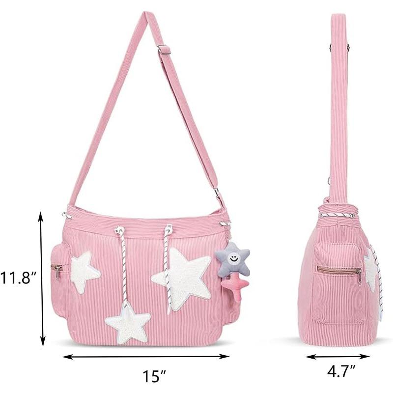 

Вельветовая сумка через плечо со звездной вышивкой - Сумка-тоут с несколькими карманами и регулируемым ремнем, Милая повседневная сумка для женщин розовый/белый