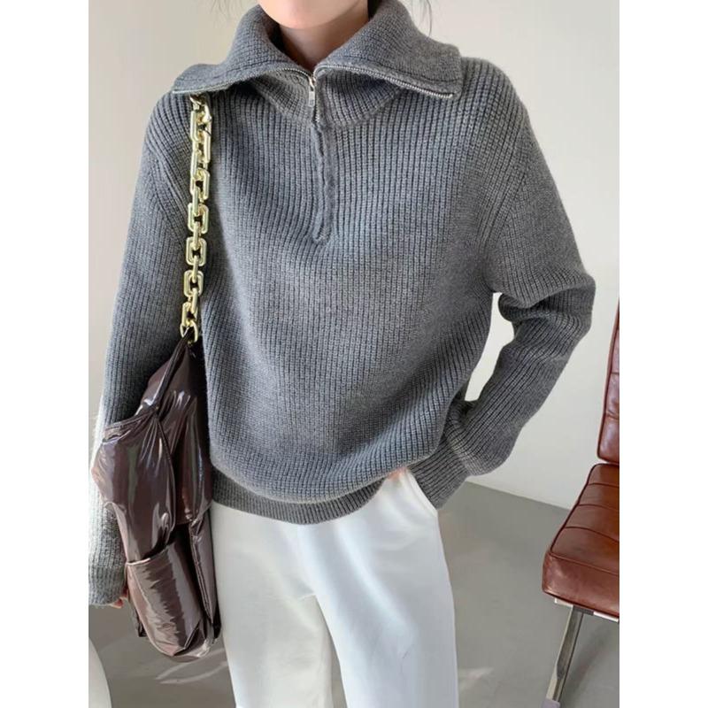 

Новый осенне-зимний свитер в корейском стиле, в непринужденном стиле, на молнии, с большим лацканом, однотонный, женский, свободный пуловер, вязаный свитер-пальто One size серый