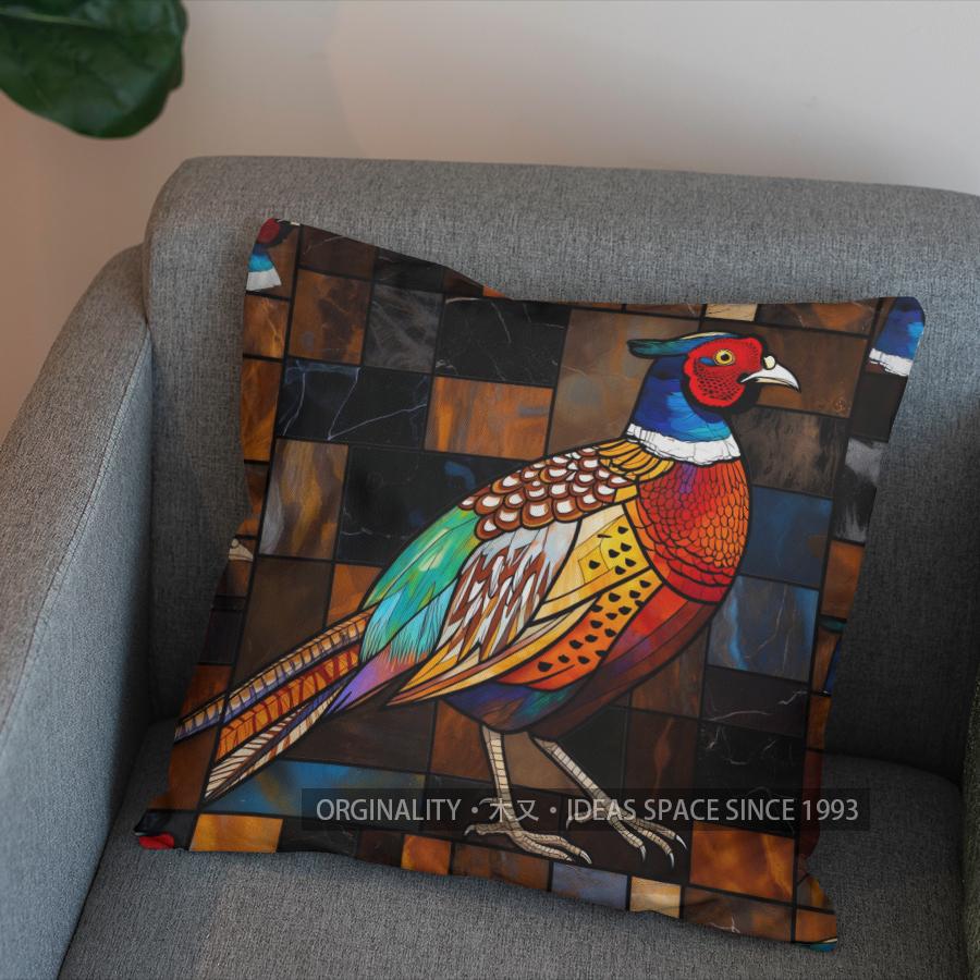 2D Stained Glass Pheasant-Patterned Decorative Pillow Pattern Cushion Cover Suitable For Sofa Bedroom Car Pillow Cover