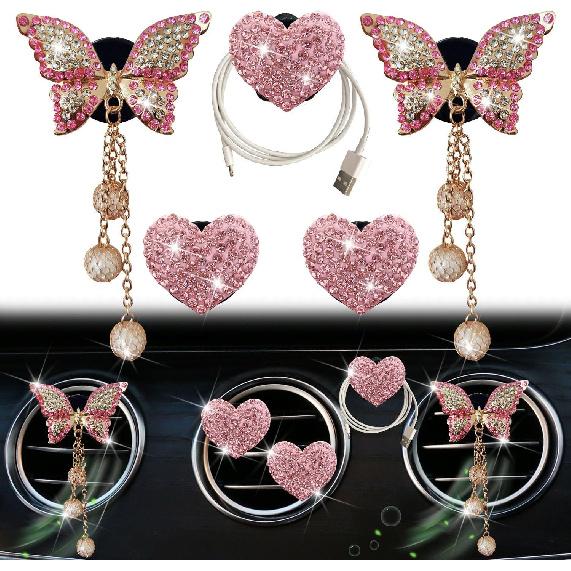 Pink Heart & Butterfly Air Vent Clips, 4 Pcs Bling Heart & Butterfly Air Fresheners Vents Clips Diamond Car Interior Decor Bling Cute Pink Car