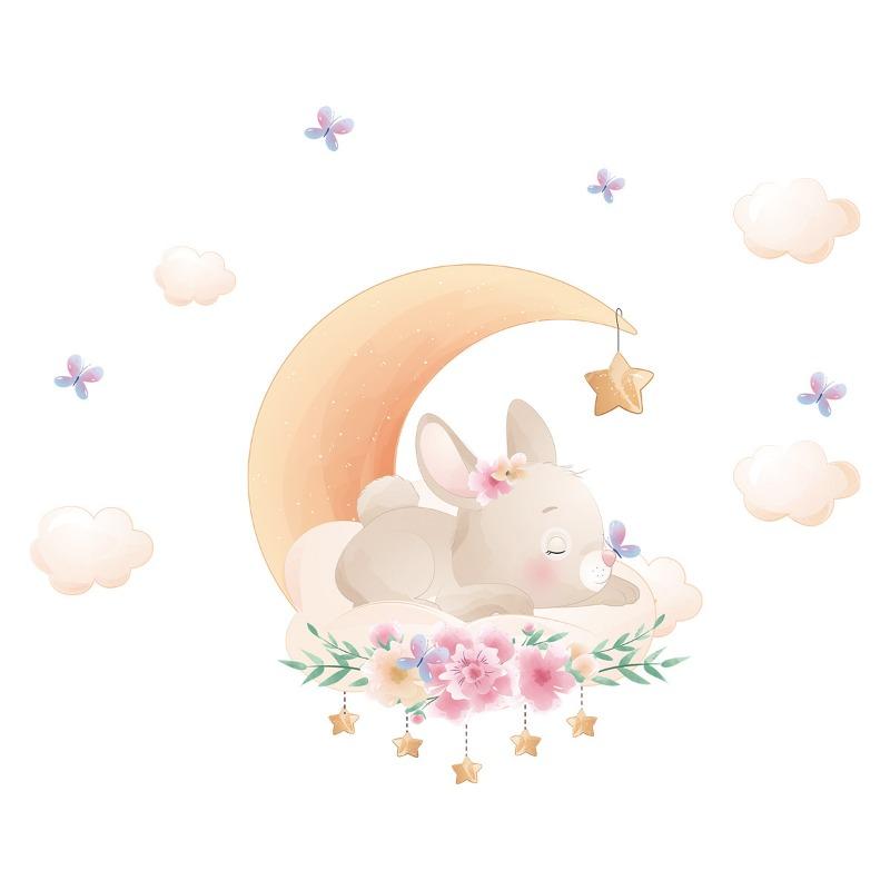 Cartoon Cute Animals Moon Cat Rabbit Wall Stickers for Kids Room Background Bedroom Decoration Girls Home Decor Living Room