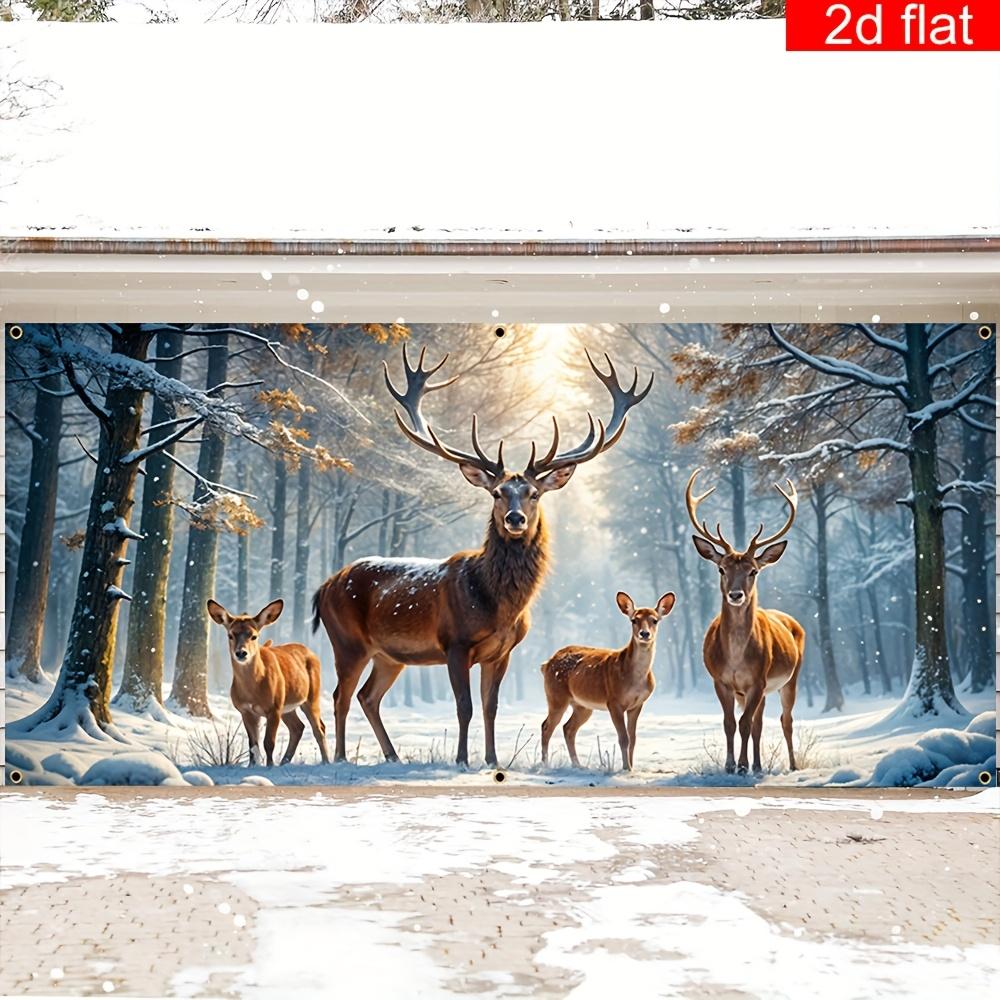 2D Flat 1 Christmas Garage Door Polyester Banner - Snow Forest Reindeer Scene, Suitable for Winter Holiday Party Decoration