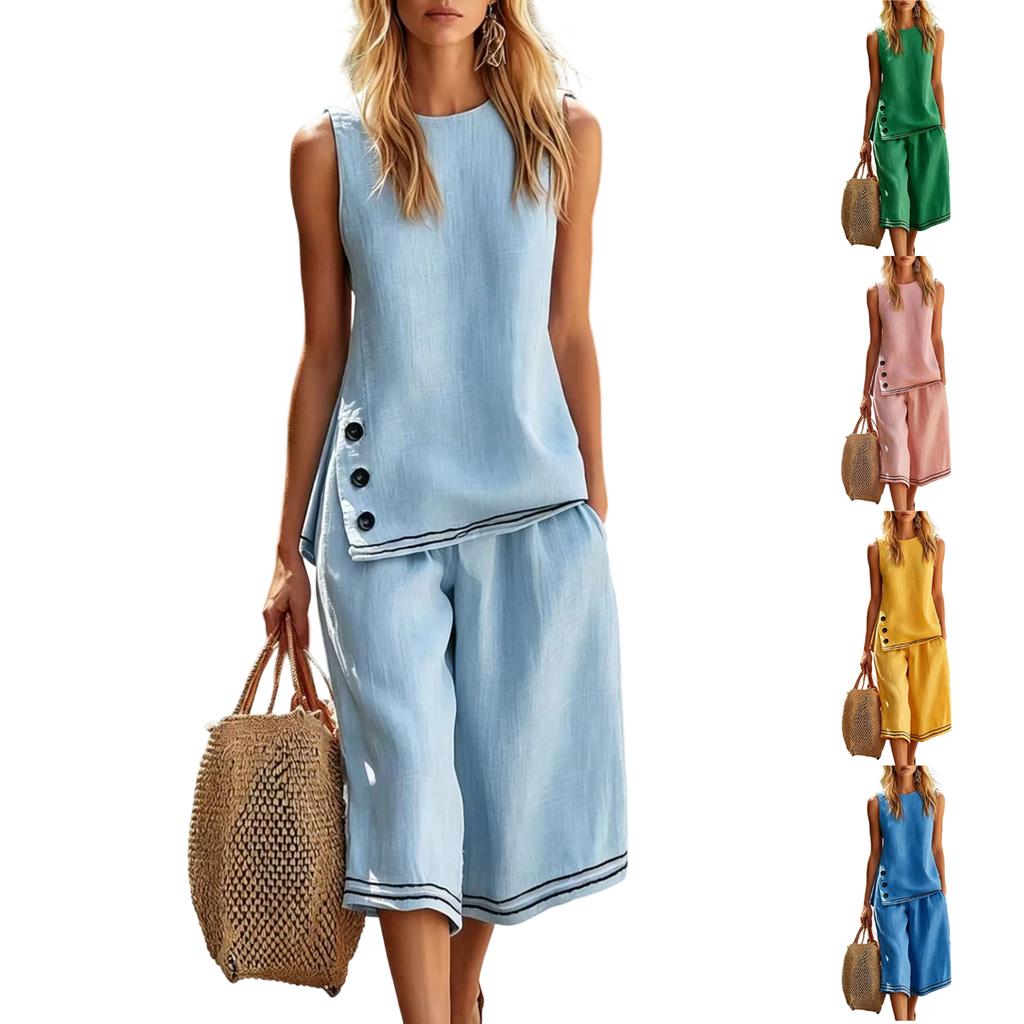 Women Sleeveless Button Decor Top with Side Slits and Mid-Length Loose Fit Pants Two-Piece Set Casual Summer Outfit Linen Blend