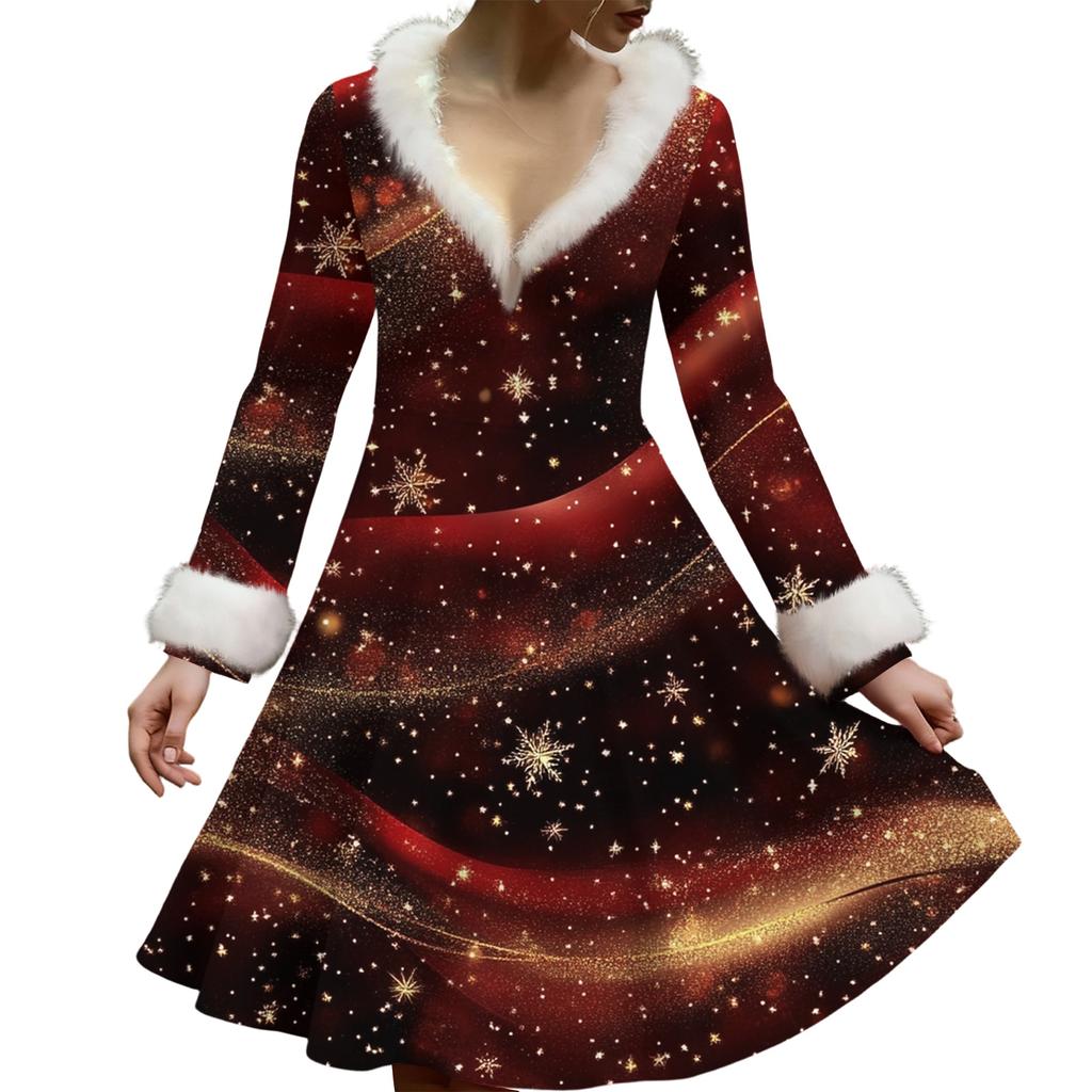 Women's Casual V-neck Christmas Print Plush Long-Sleeve Casual Dress