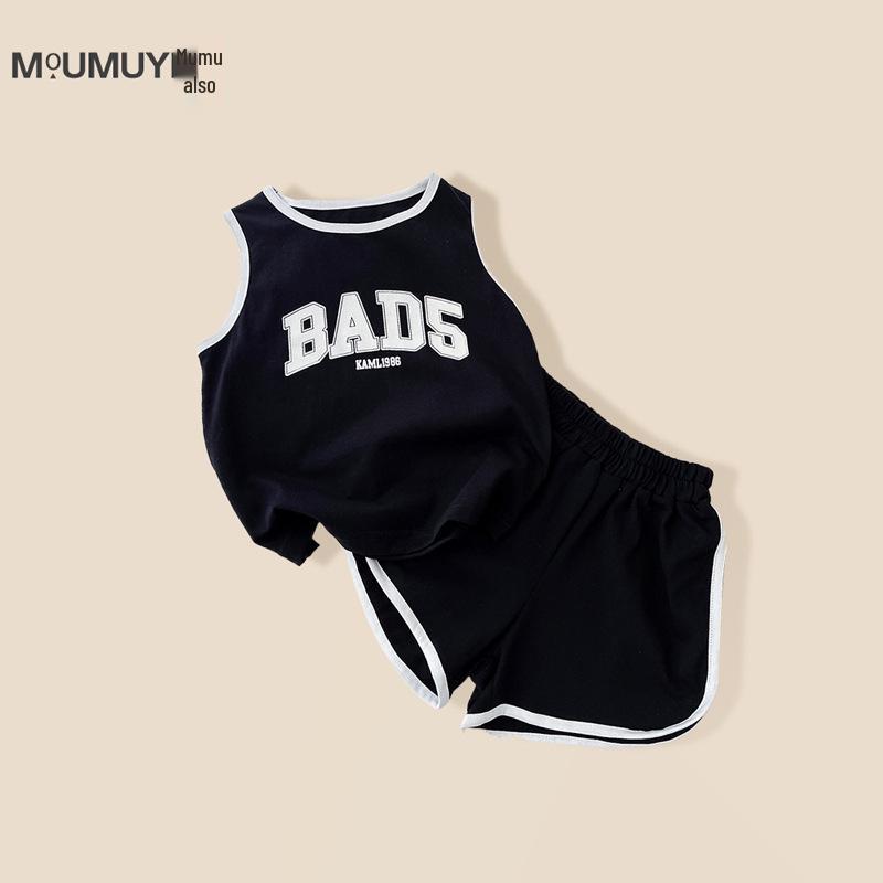 

Детский летний спортивный комплект без рукавов 2025 года для мальчиков и девочек - Комплект-двойка для малышей с надписями в стиле пэчворк 90 cm чёрный