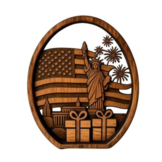 

Patriotic 4th of July Table Centerpiece Wooden America Flag Lady Liberty Standing Sign for Independence Day Farmhouse Tiered Tray Decor C