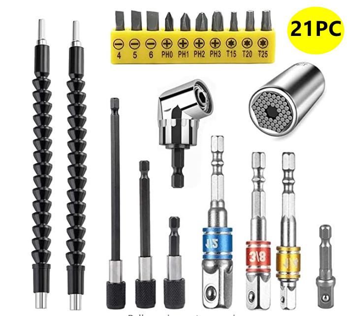 18-Piece Flexible Shaft Screwdriver Bit Extension Set (60, 100, 150mm) with Conversion Joint Rods.