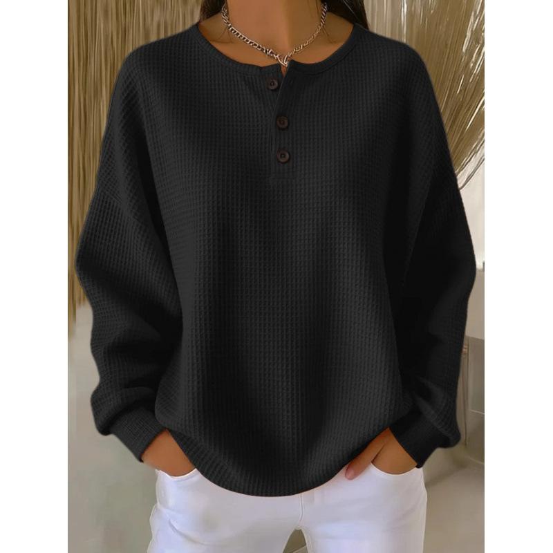 Neuer Herbst- und Winter-Pullover mit Rundhalsausschnitt, Waffelstruktur, einfarbig, lockeres Oberteil