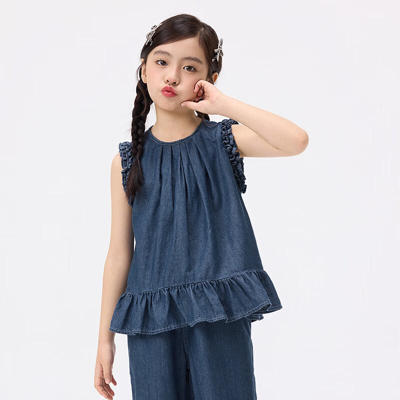 Girls' Ruffle Edge Soft Denim Sleeveless Two-Piece Set
