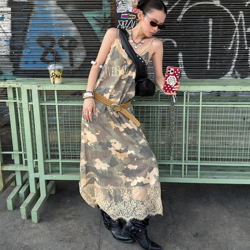 

Street-style Camouflage Print Patchwork Lace Slip Dress M армия зеленый