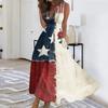 Women Sleeveless V Neck Waist Tie Maxi Dress with Independence Day Flag and Floral Print for Summer Casual Outings