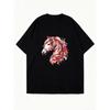 Übergroßes T-Shirt Schwarzer Pferdekopf mit rotem Blumendesign Lässige Streetwear für Damen
