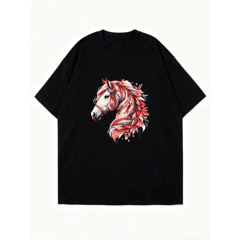 Übergroßes T-Shirt Schwarzer Pferdekopf mit rotem Blumendesign Lässige Streetwear für Damen