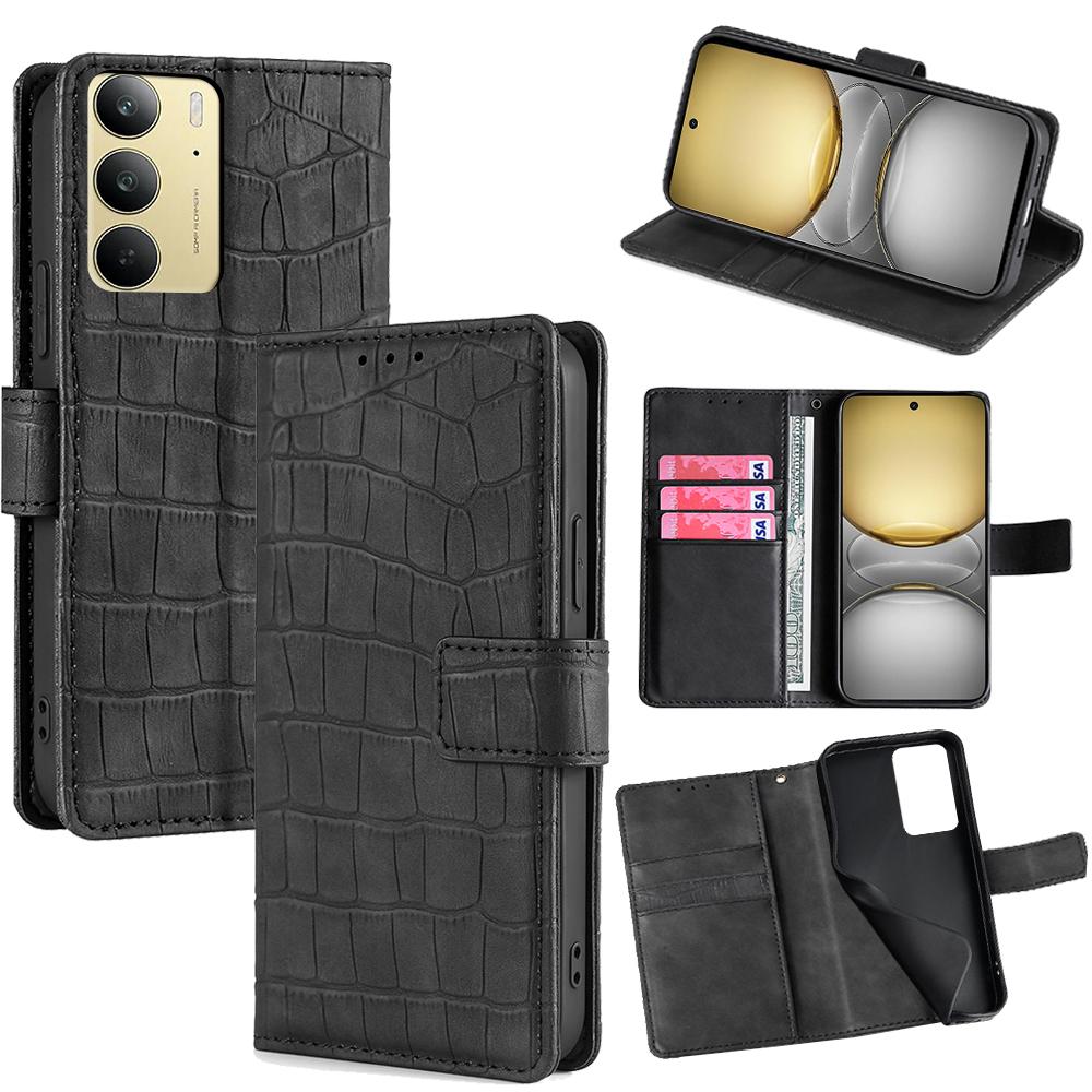 

For Realme C75/Realme 14x 5G Leather Case Wallet Stand Crocodile Texture Mobile Phone Cover Black