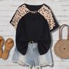New Short-sleeved Top with An Irregular Neckline and A Loose, Oversized Design Featuring Leopard Print Patchwork.