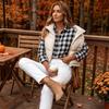 Women's checkered collar long-sleeved shirt with loose shoulder cut and versatile casual style