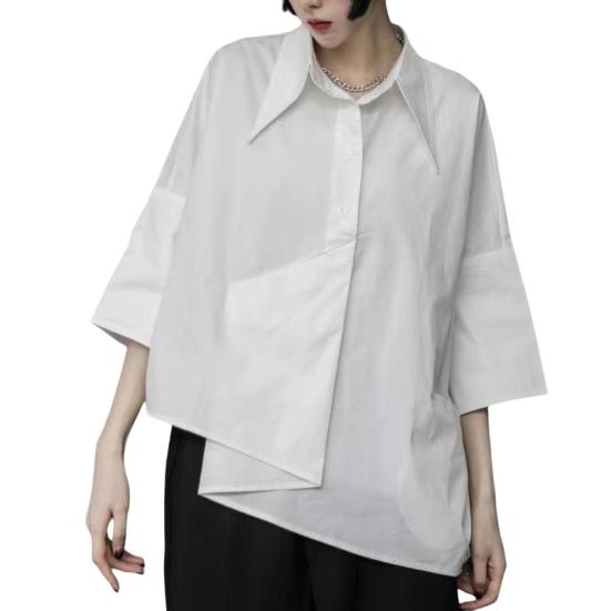Women Men Shirt Pocket Decoration Irregular Hem Single-breasted Three Quarter Sleeves Solid Color Daily Wear Loose Lapel Summer Spring Shirt