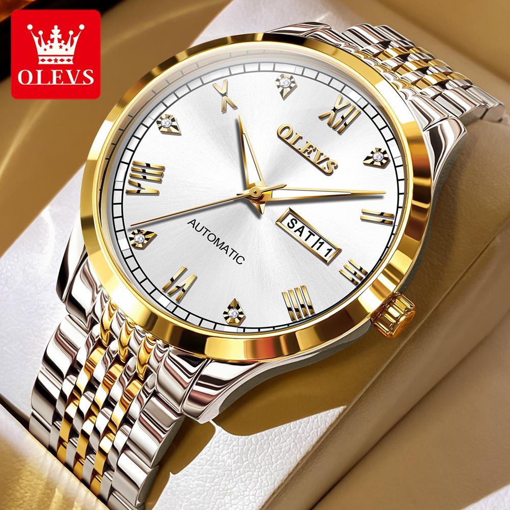 OLEVS Original Men's Watch Stainless Steel Dual Calenadr Classic Luxury Business Automatic Mechanical Wrist Watches for Man 6602