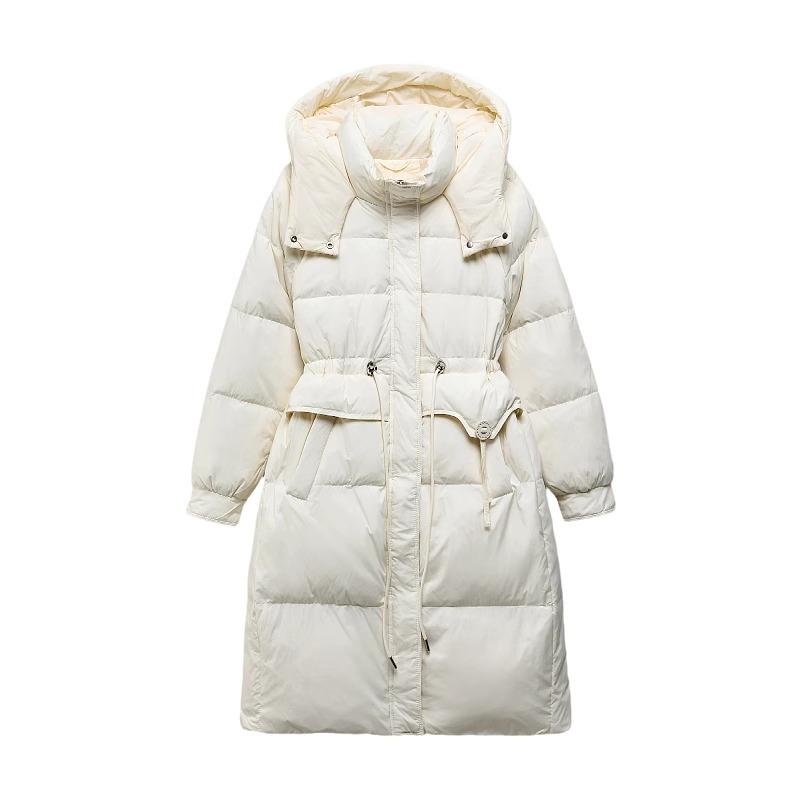 2025 Winter New Down Jacket Women's Medium and Long Over-knee Thickened Hooded Skinny Waist White Duck Down Jacket