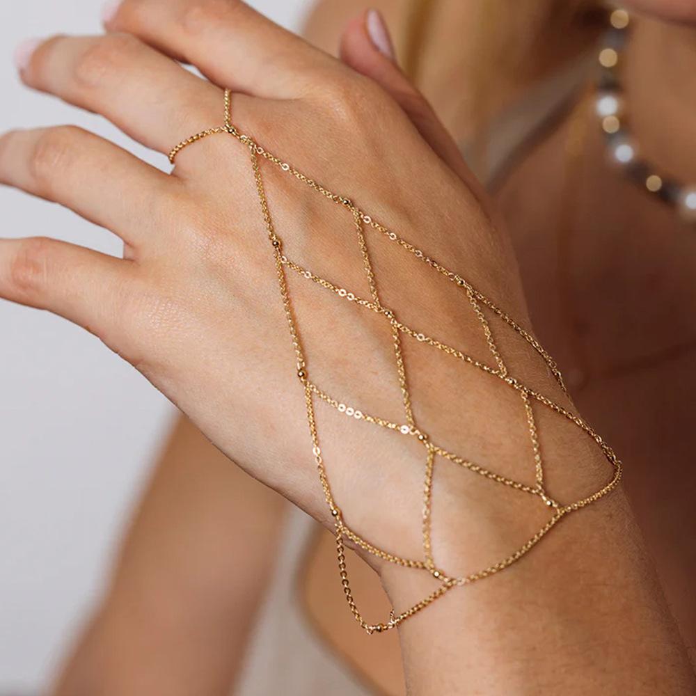 Bohemian Netzkettenarmband und Ring Damen Metall Sexy Übertrieben Armreif Strandhochzeit Braut Mode Schmuck Zubehör Geschenke brown