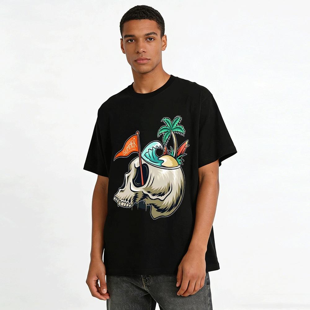 Skull Island Vacation Style Graphic Print Casual Short Sleeve T-Shirt Pure Cotton T-shirt