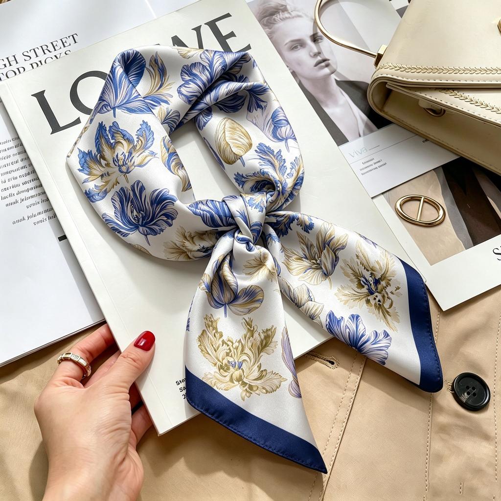Commuter elegant flower silk scarf women's contrasting color retro printing satin scarf shirt with multi-purpose decorative small scarf