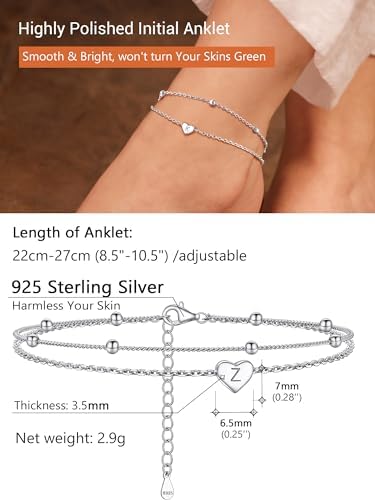 PROSILVER Women's Letter C Ankle Bracelet 925 Silver 22+5cm Double Layer Heart Charm Initial Anklet Summer Beach Jewelry for Women Girls