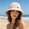 (One Size, Beige) Women's Bucket Hat Hollow Knit Breathable Fisherman Cap Stylish Decorative Letter Detail Sun Hat