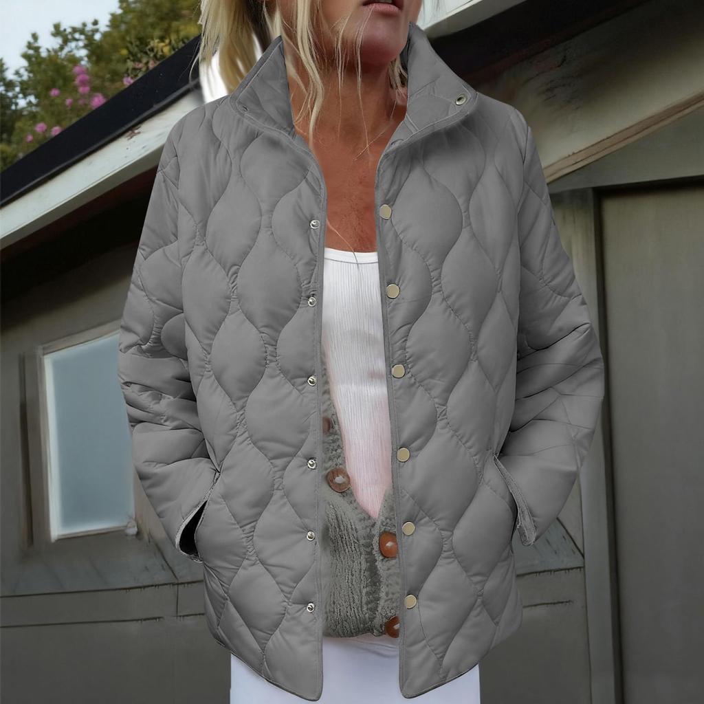 Women's Solid Color Stand-Up Collar Pleated Cotton Long Sleeve Button-Up Jacket
