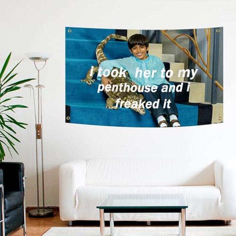 Funny Meme Boy Crocodile Penthouse Quote Wall Tapestry Blue Stairs I Took Her To My Humor Pop Art Bedroom Living Room