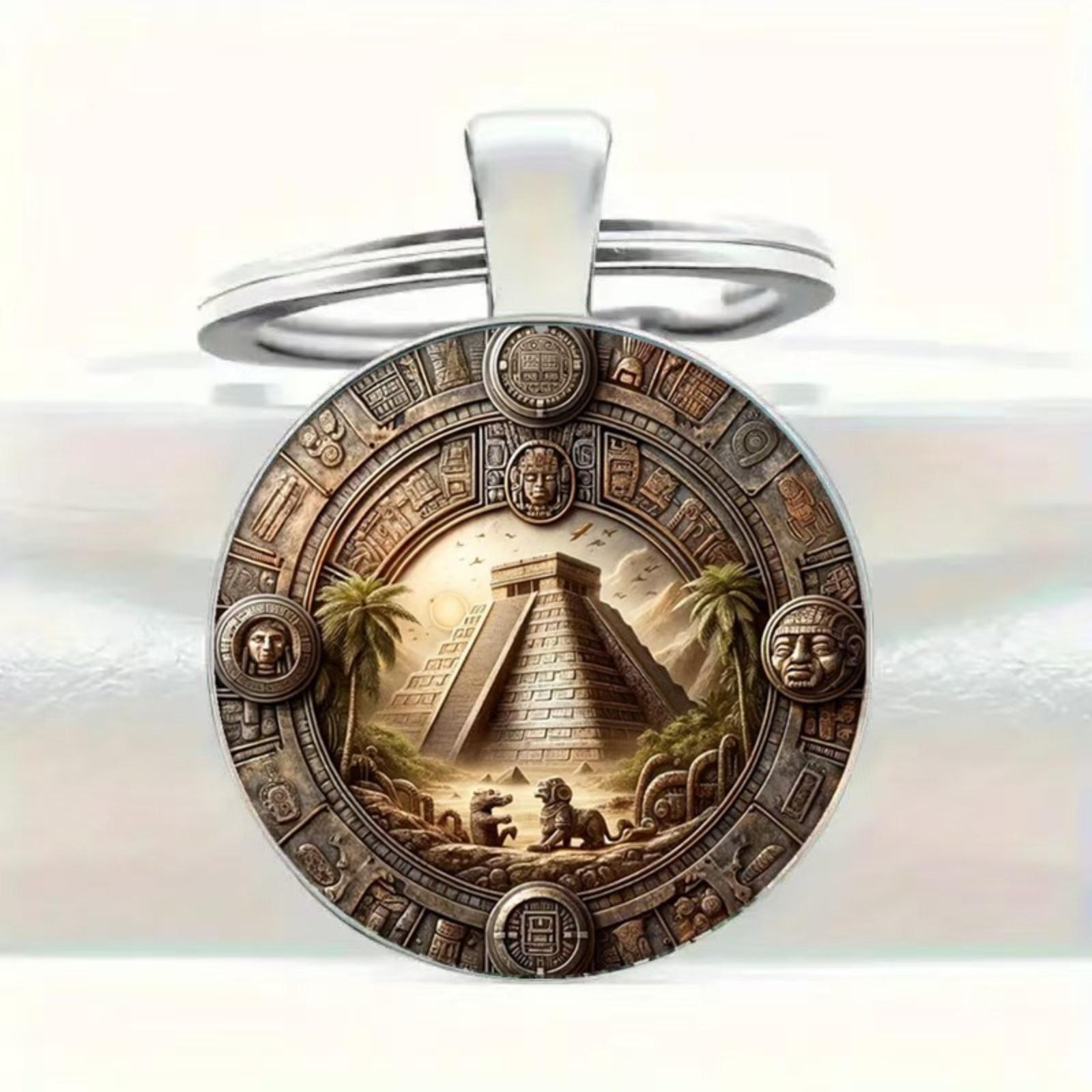 

Round Glass Alloy Pendant Keychain Featuring Ancient Pyramid Design with Detailed Aztec Calendar Motif Durable Metal Key Ring Accessory One Size