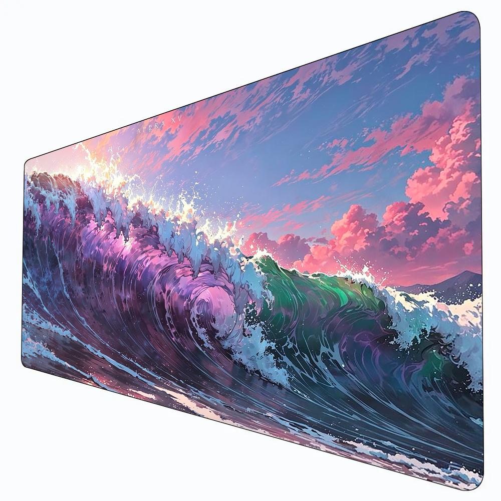 Large Anime Ocean Wave Gaming Mouse Pad Purple Pink Sea Surf Sunset Sky Cloud Seascape Office Desk Accessories
