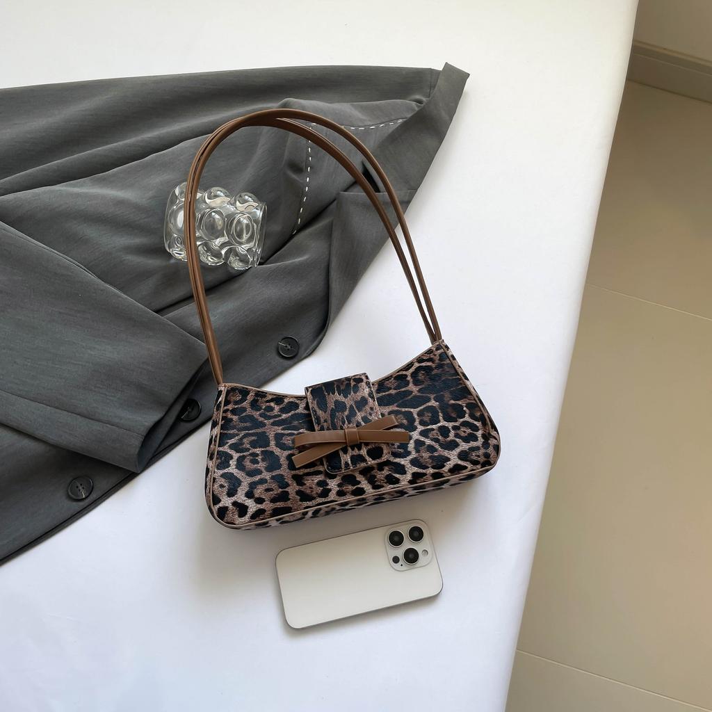 Leopard-print retro-chic handbag lady's casual high-end bow cross-commuter shoulder bag