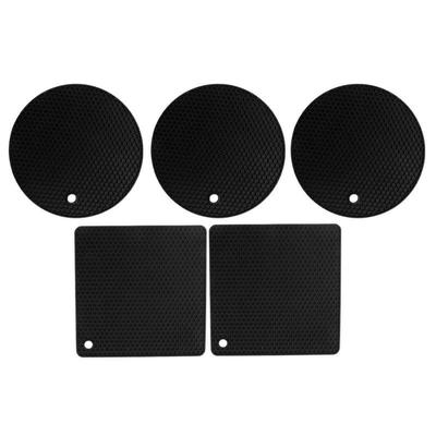 5 Pièces Dessous de Plat en Silicone Carré Rond Nid d'Abeille Manique Antidérapant Résistant à la Chaleur pour Plaque Chauffante Poêles Casseroles de Cuisine Noir
